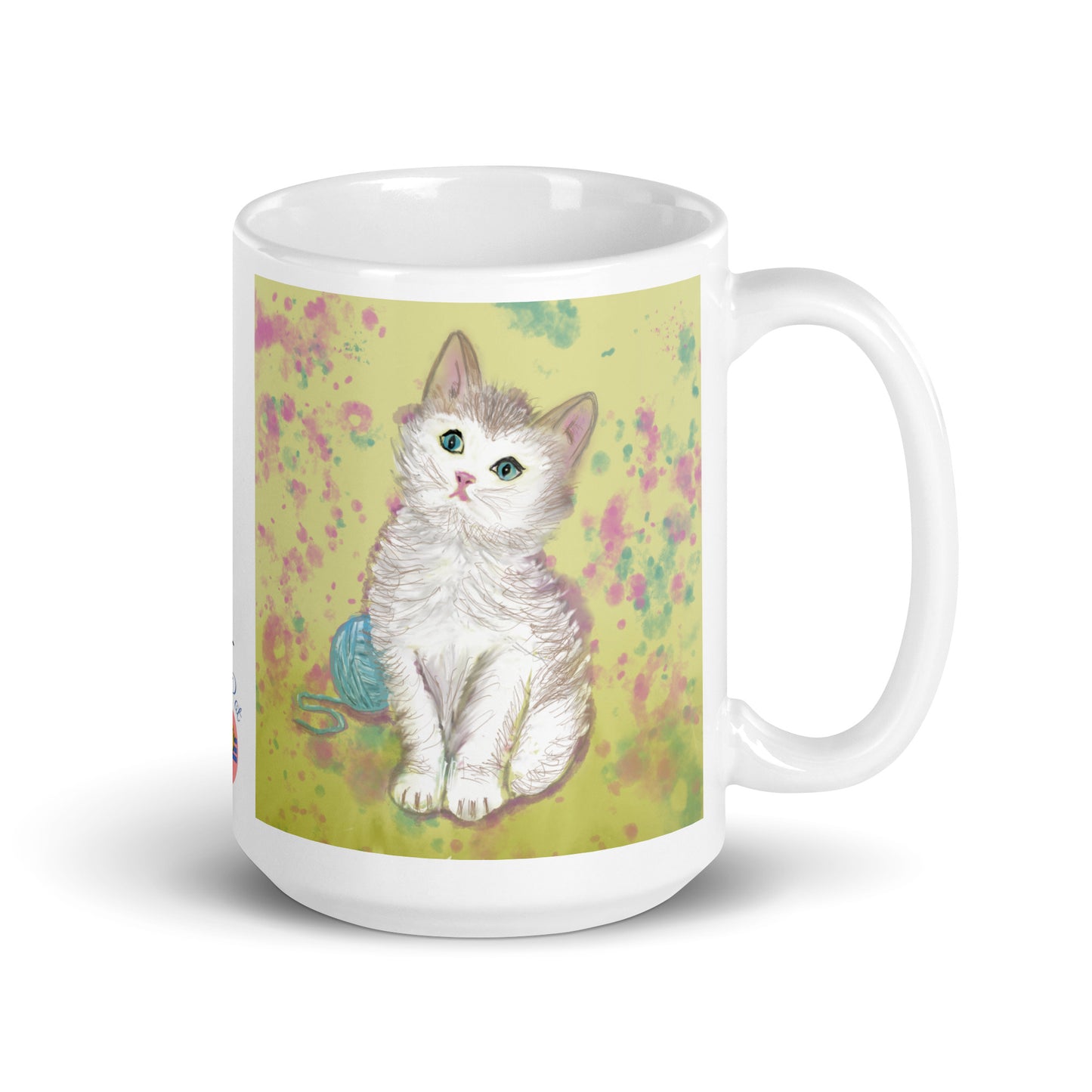 Ceramic mug with kitten spirit artwork, symbol of curiosity, playfulness, and gentle comfort.