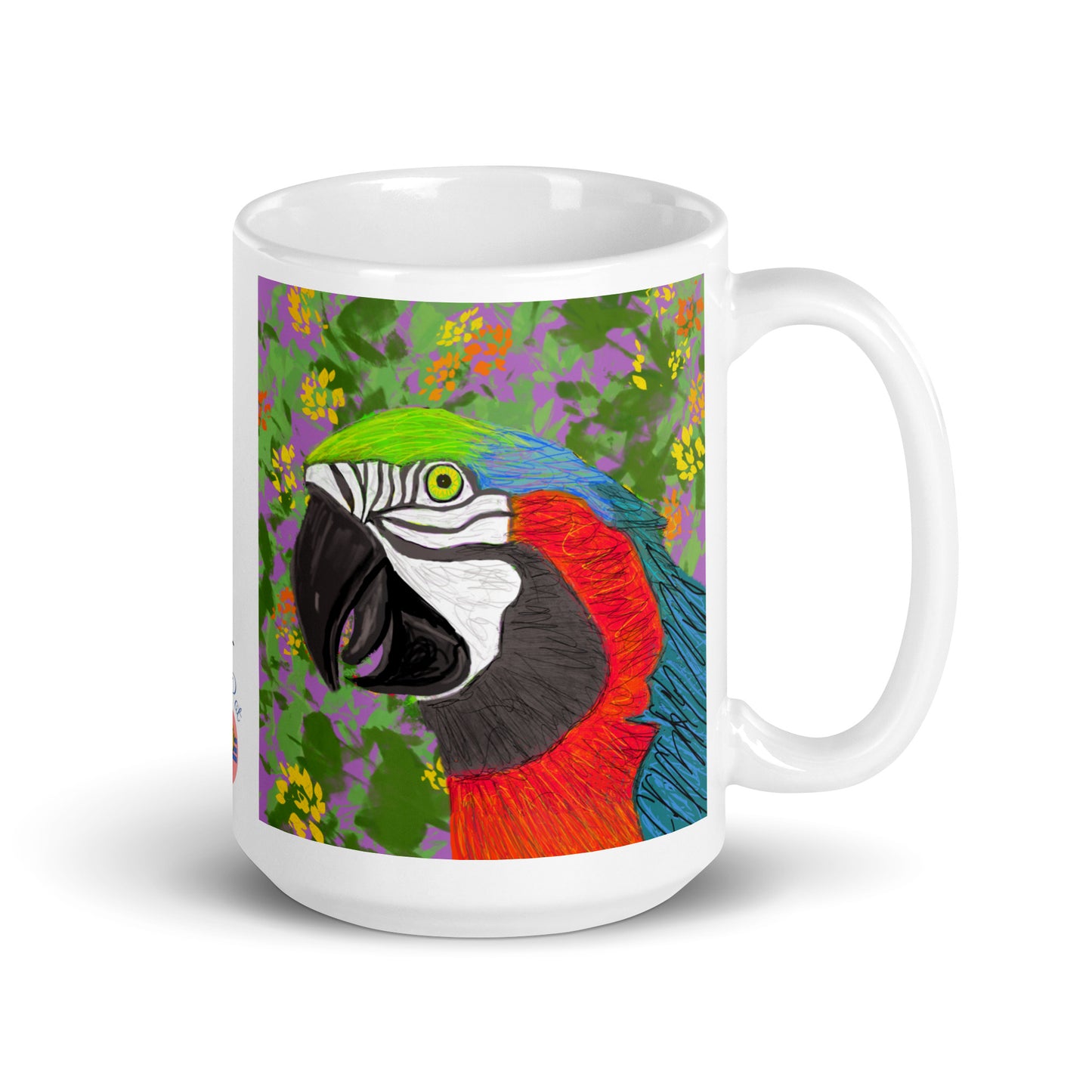 Ceramic mug with parrot spirit artwork, symbol of communication, color, and joy.