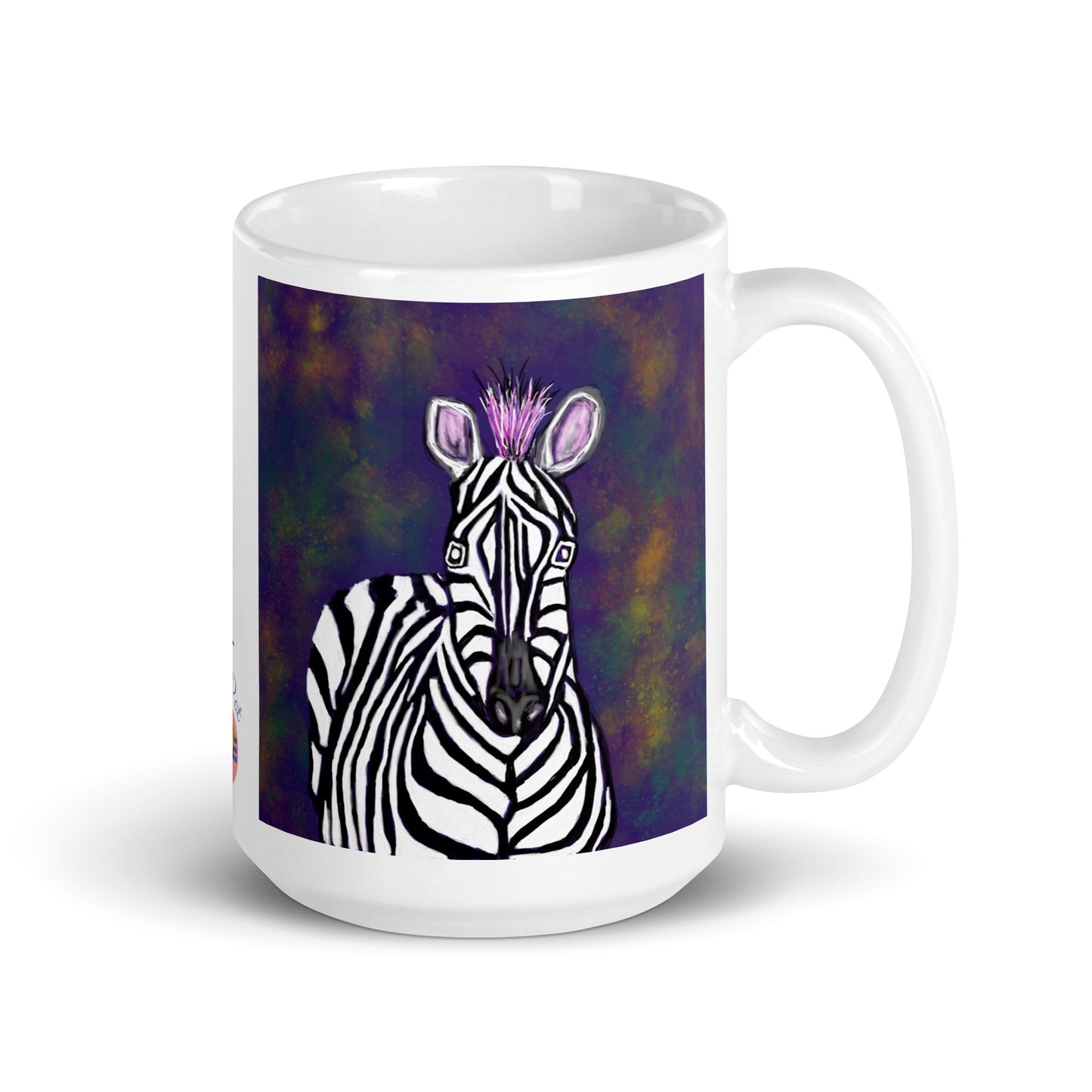 White ceramic zebra spirit mug. Original artwork.