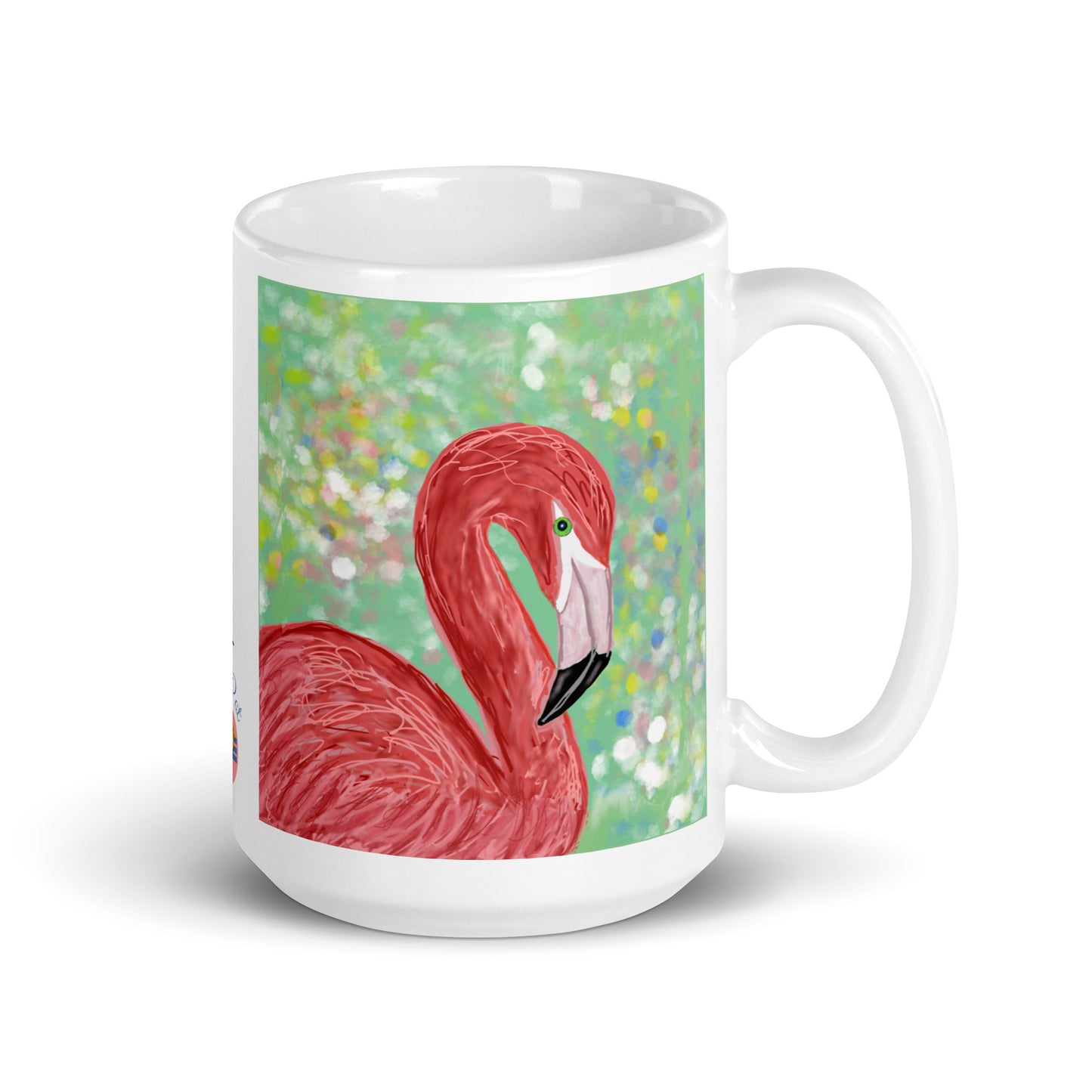 White ceramic 15 oz flamingo spirit mug on a white background.