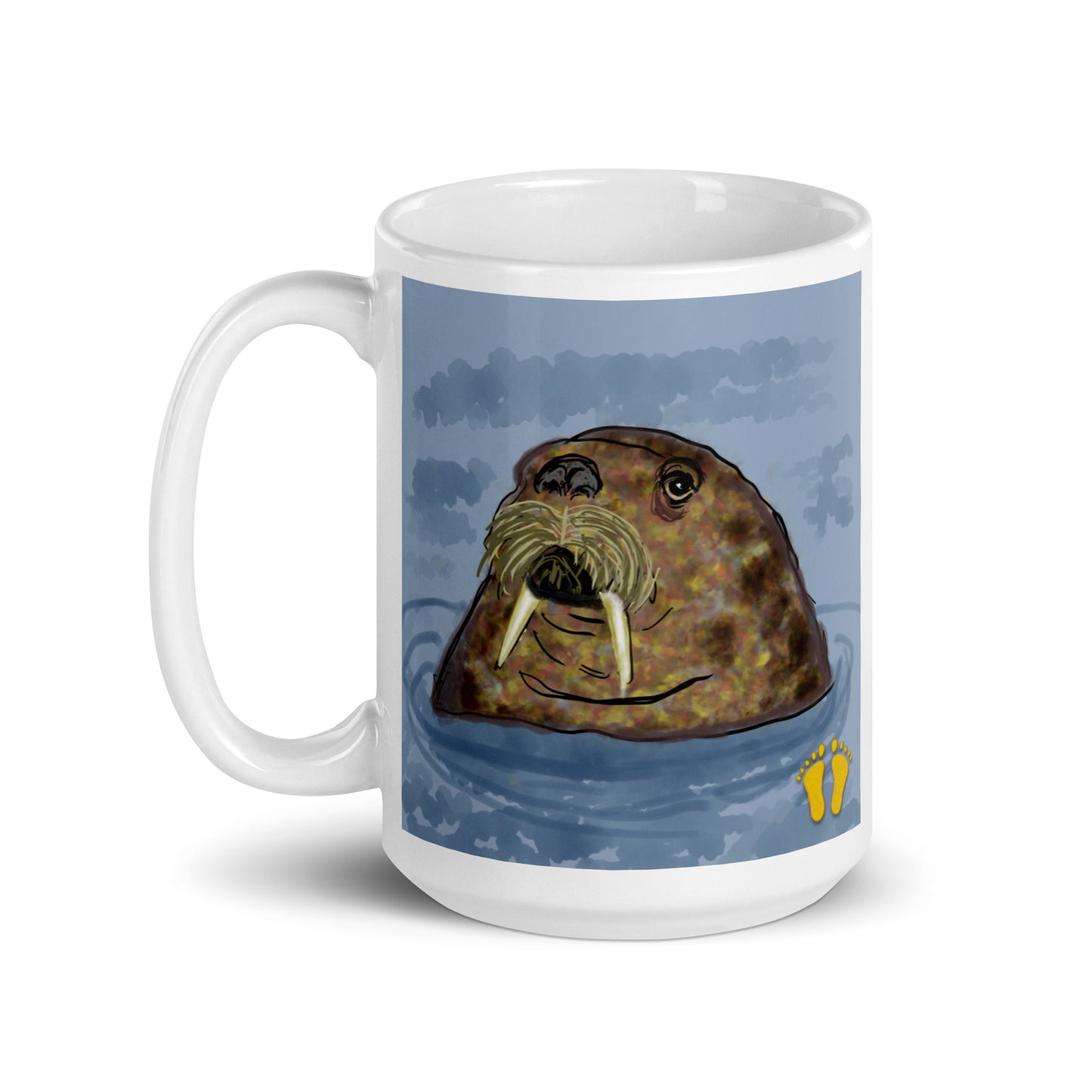 White glossy coffee mug with image of walrus peers out from the sea. 15 oz mug