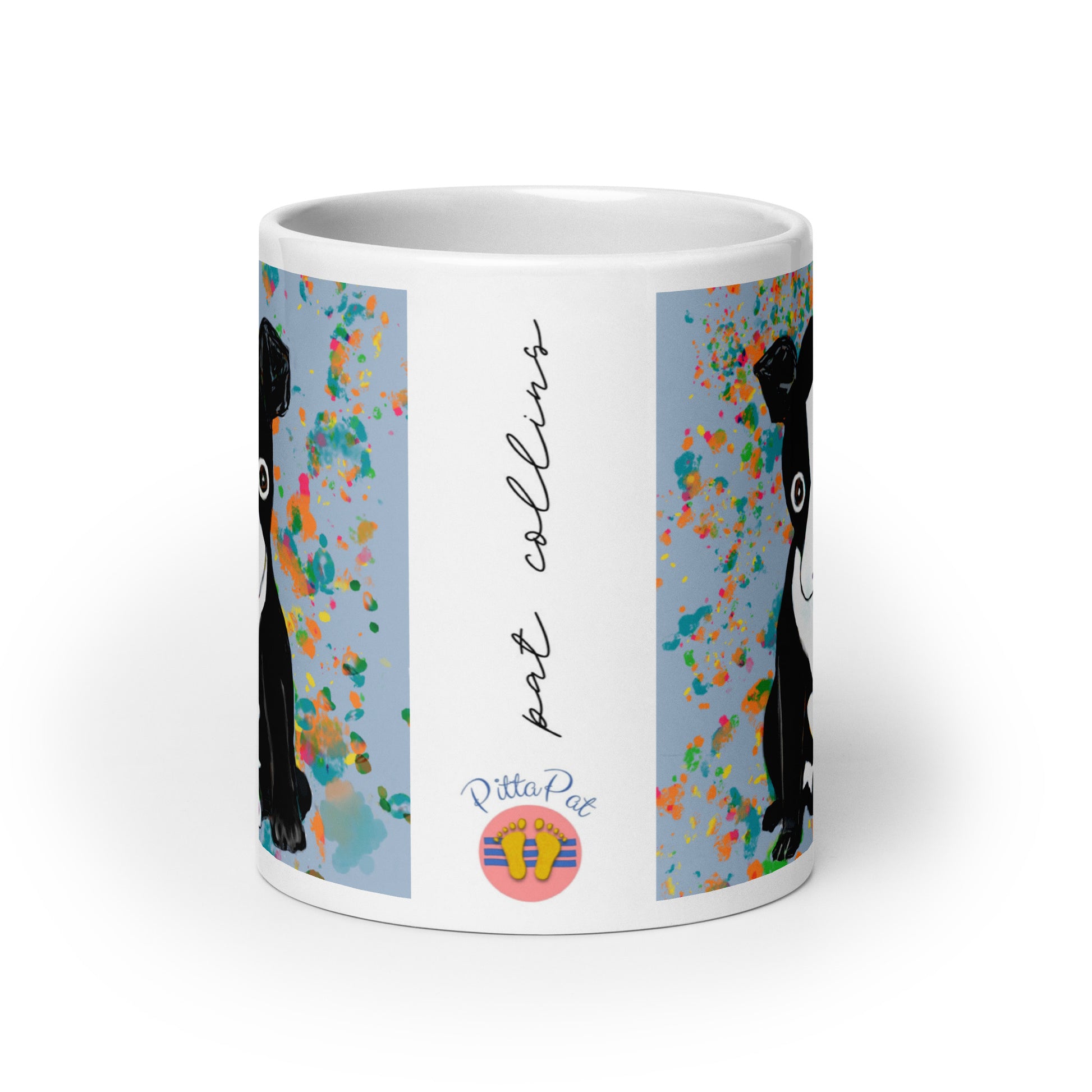 PittaPat logo and artists signature on Boston Terrier Spirit mug.