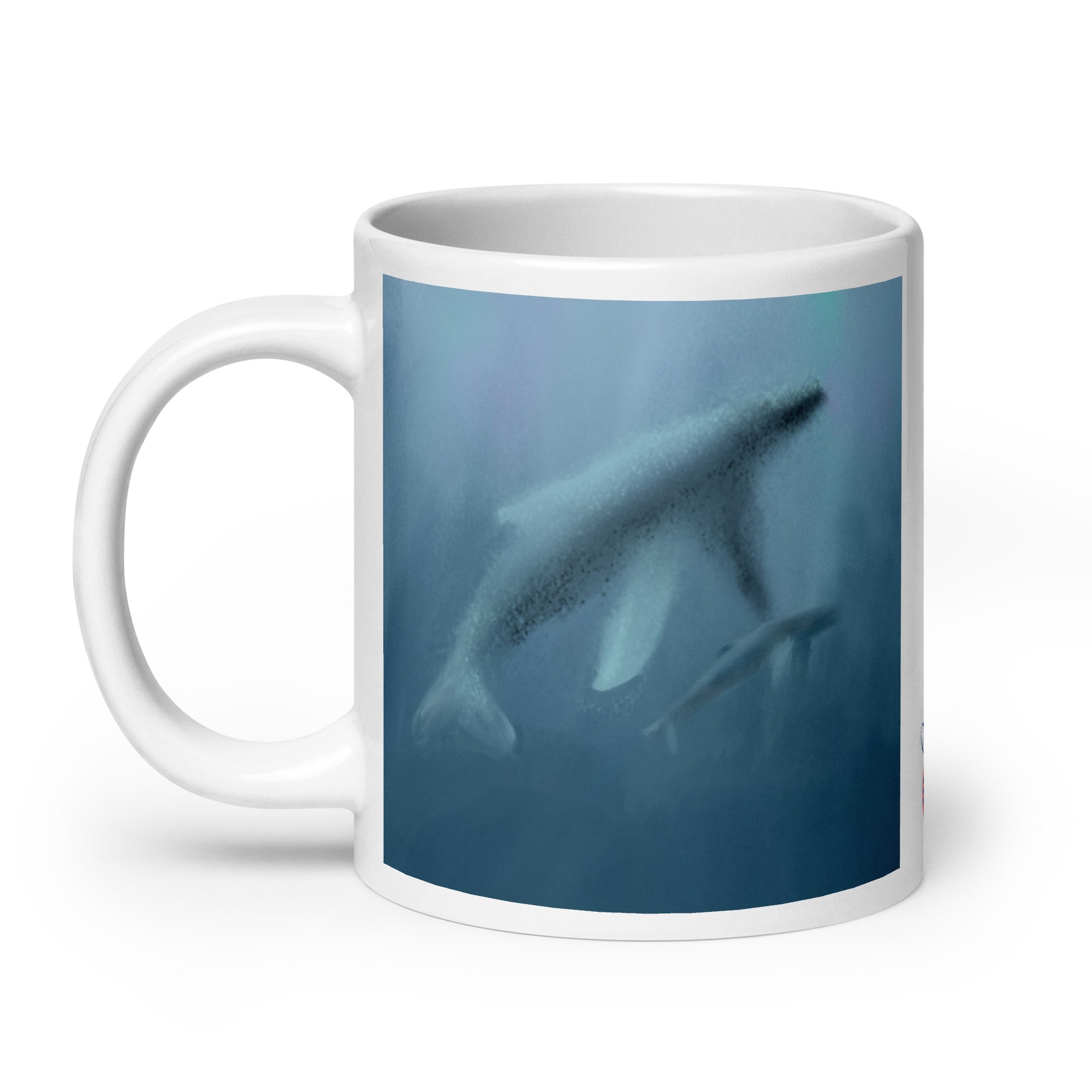 Front view ceramic mug with whale mother and calf carrying the ancient song of endurance and belonging