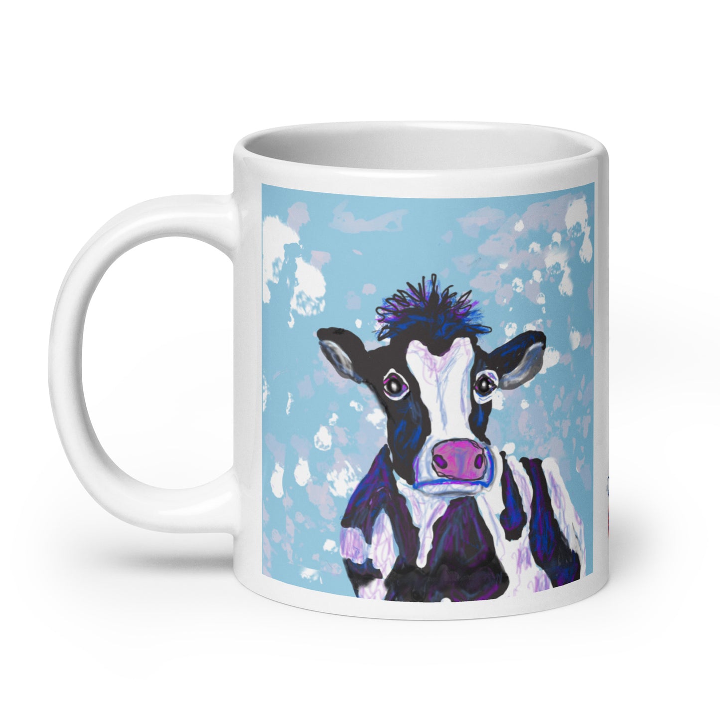 White ceramic mug with original cow spirit artwork, symbolizing nurturing, abundance, and the gentle strength of Earth. 20 oz