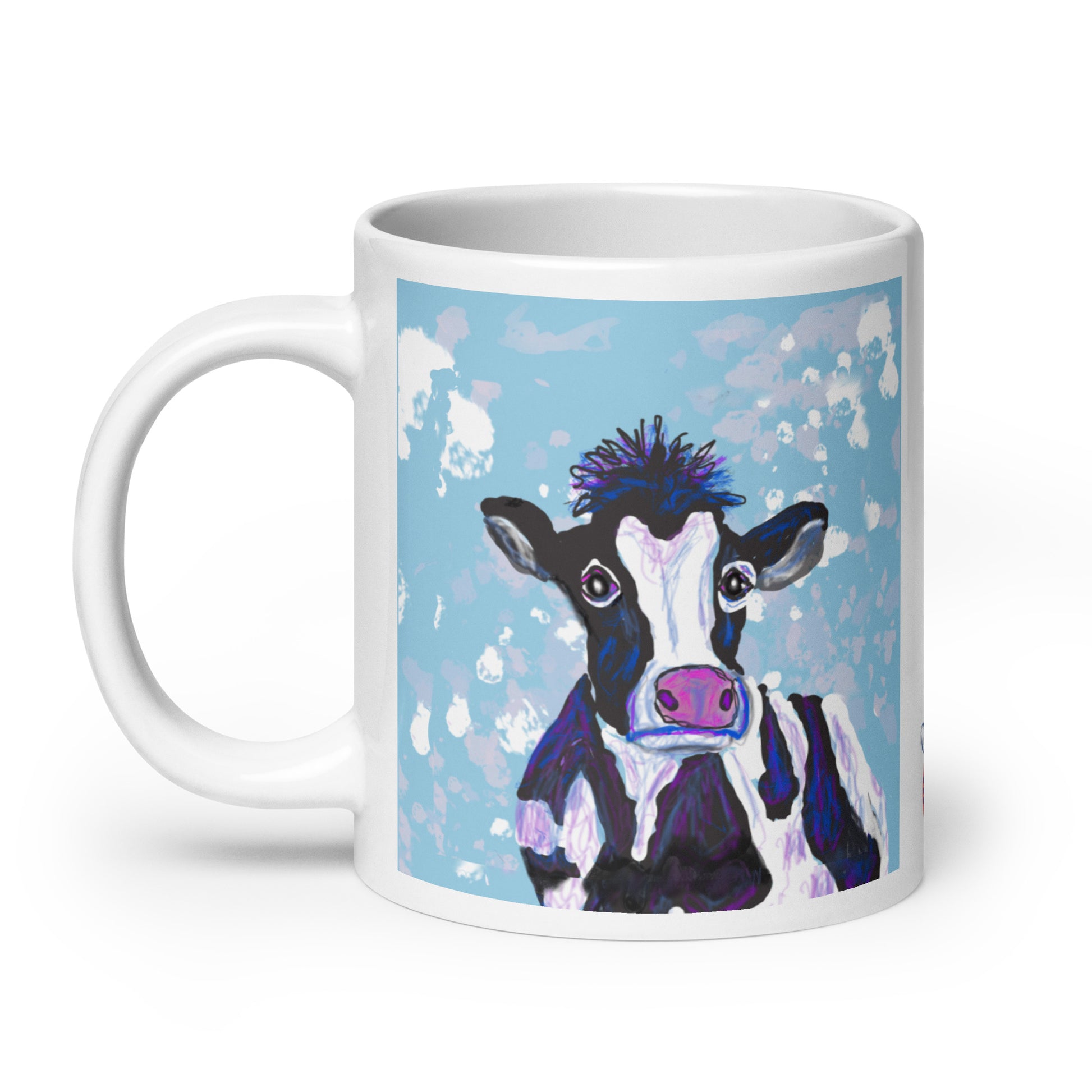 White ceramic mug with original cow spirit artwork, symbolizing nurturing, abundance, and the gentle strength of Earth. 20 oz