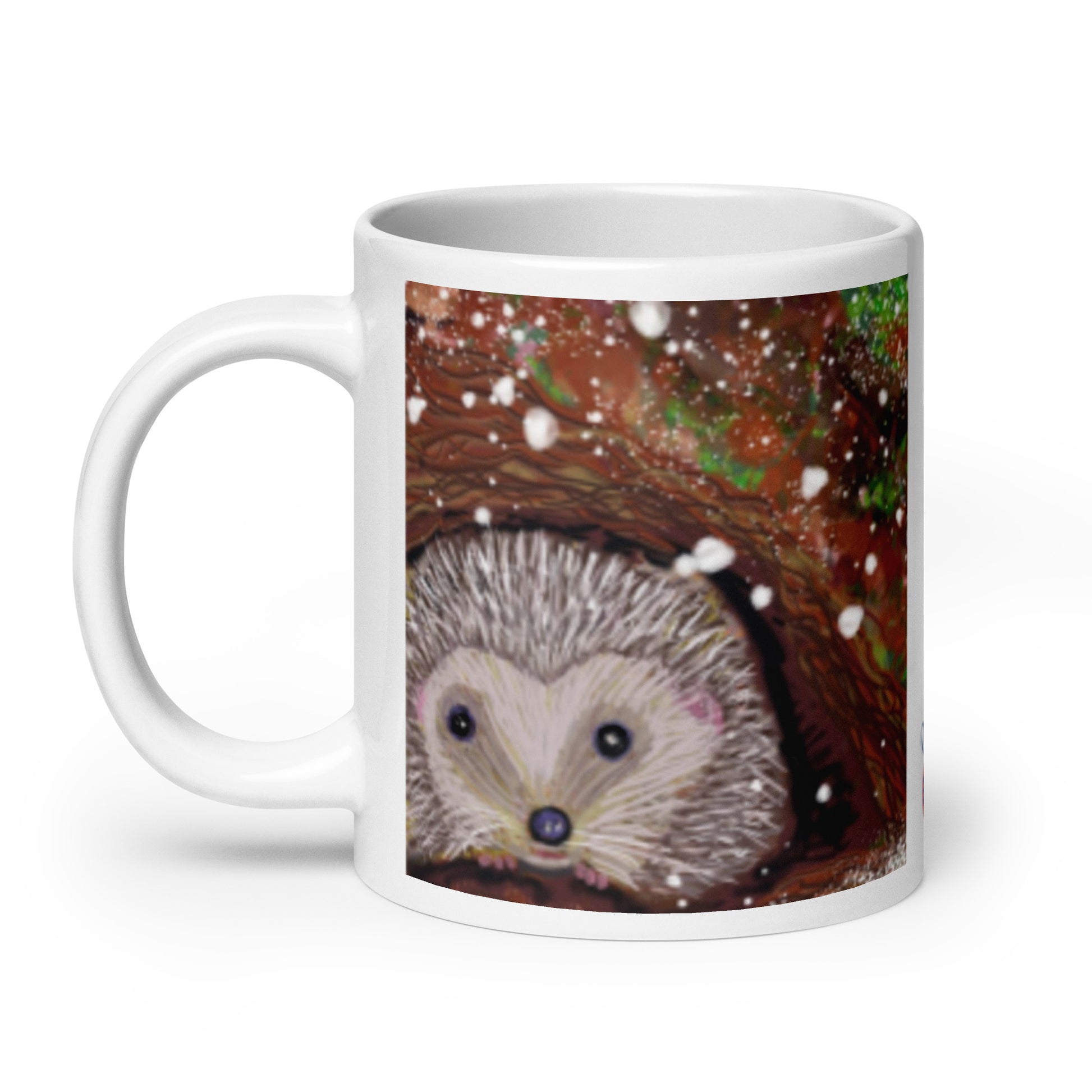 Ceramic mug with hedgehog nestled at the base of a tree in winter, snow falling gently, symbol of rest, protection, and good boundaries. 20 oz