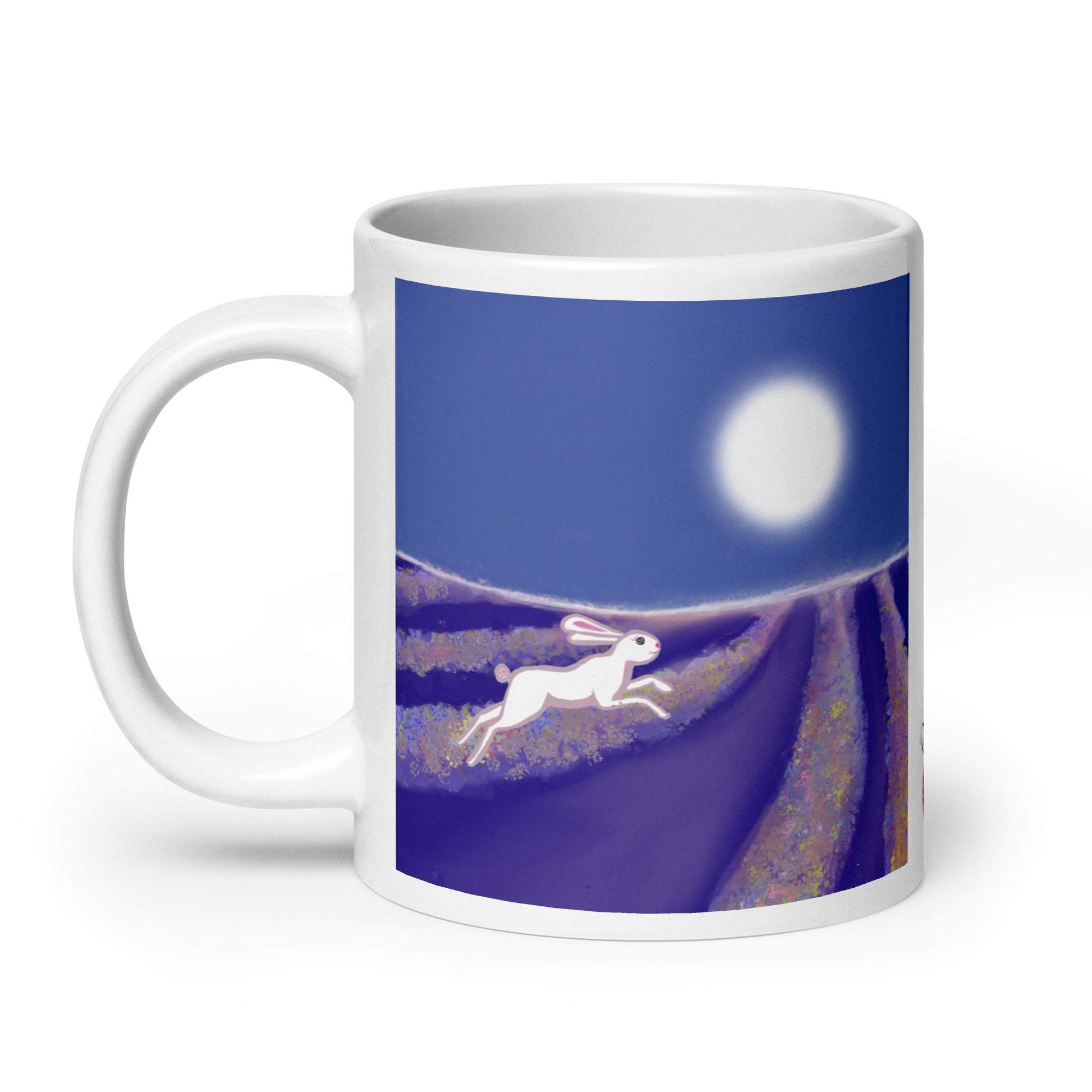 Ceramic mug with hare running through lavender rows under a full moon. Hare is the symbol the magician and trickster, of intuition, cycles, and agility.