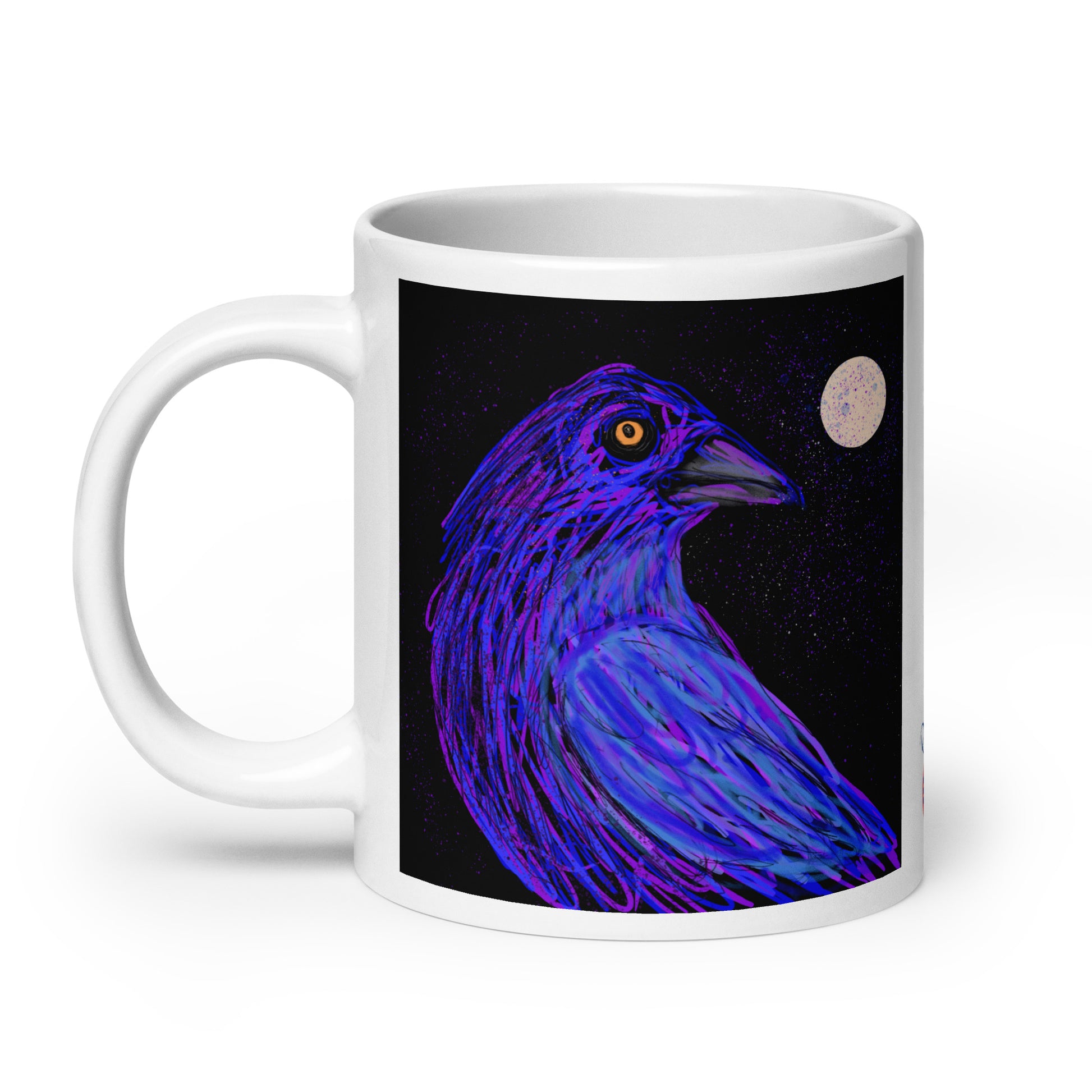 Ceramic mug with crow spirit design, symbol of intelligence, mystery, and transformation. 20 oz.