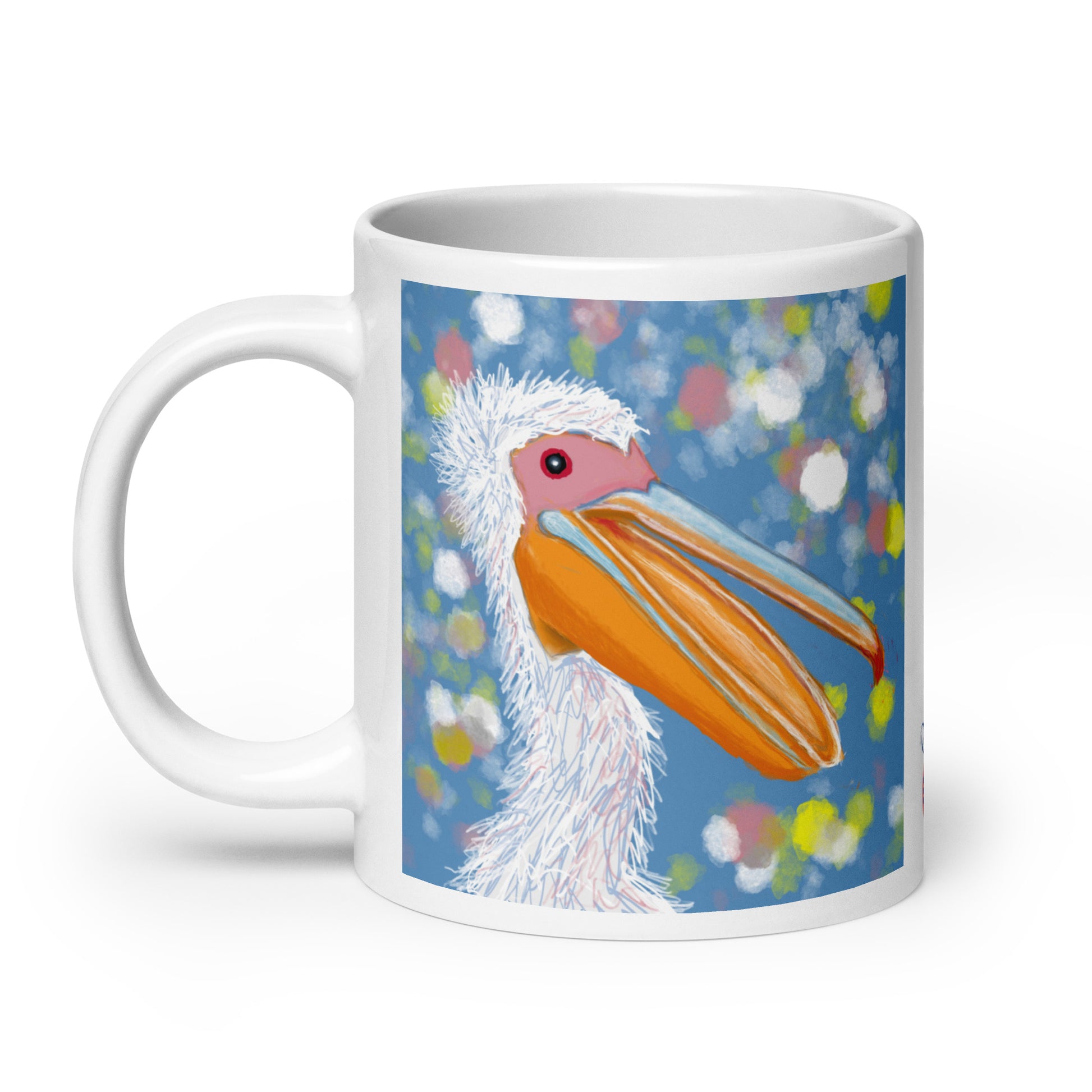 Ceramic mug with pelican spirit artwork, symbol of patience, nurture, and generosity.