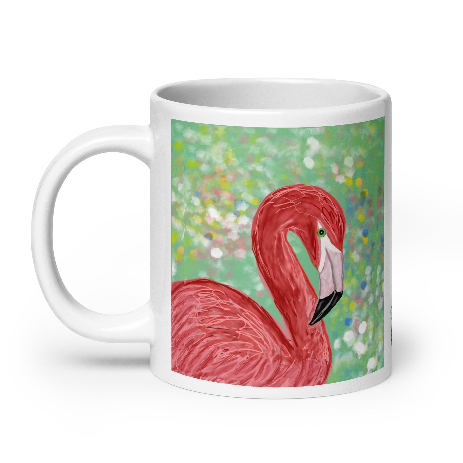Ceramic mug with flamingo spirit artwork, symbol of balance, beauty, and community.
