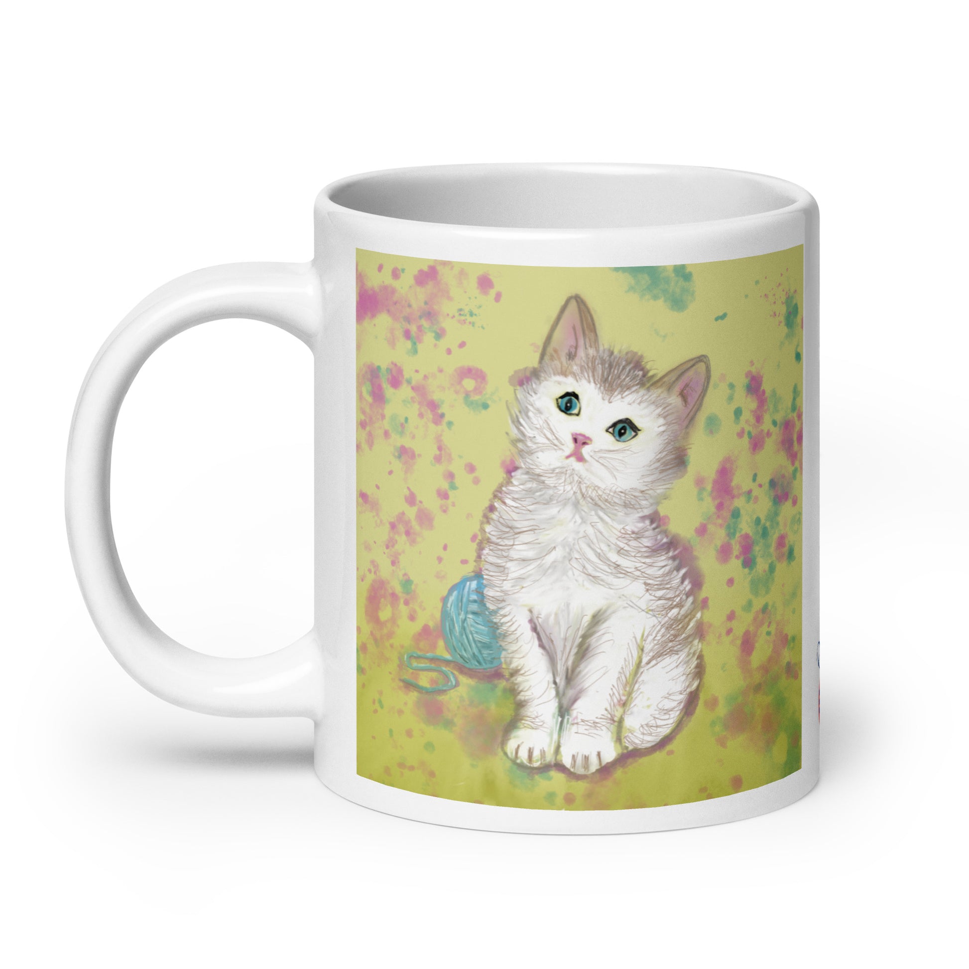 Ceramic mug with kitten spirit artwork, symbol of curiosity, playfulness, and gentle comfort.