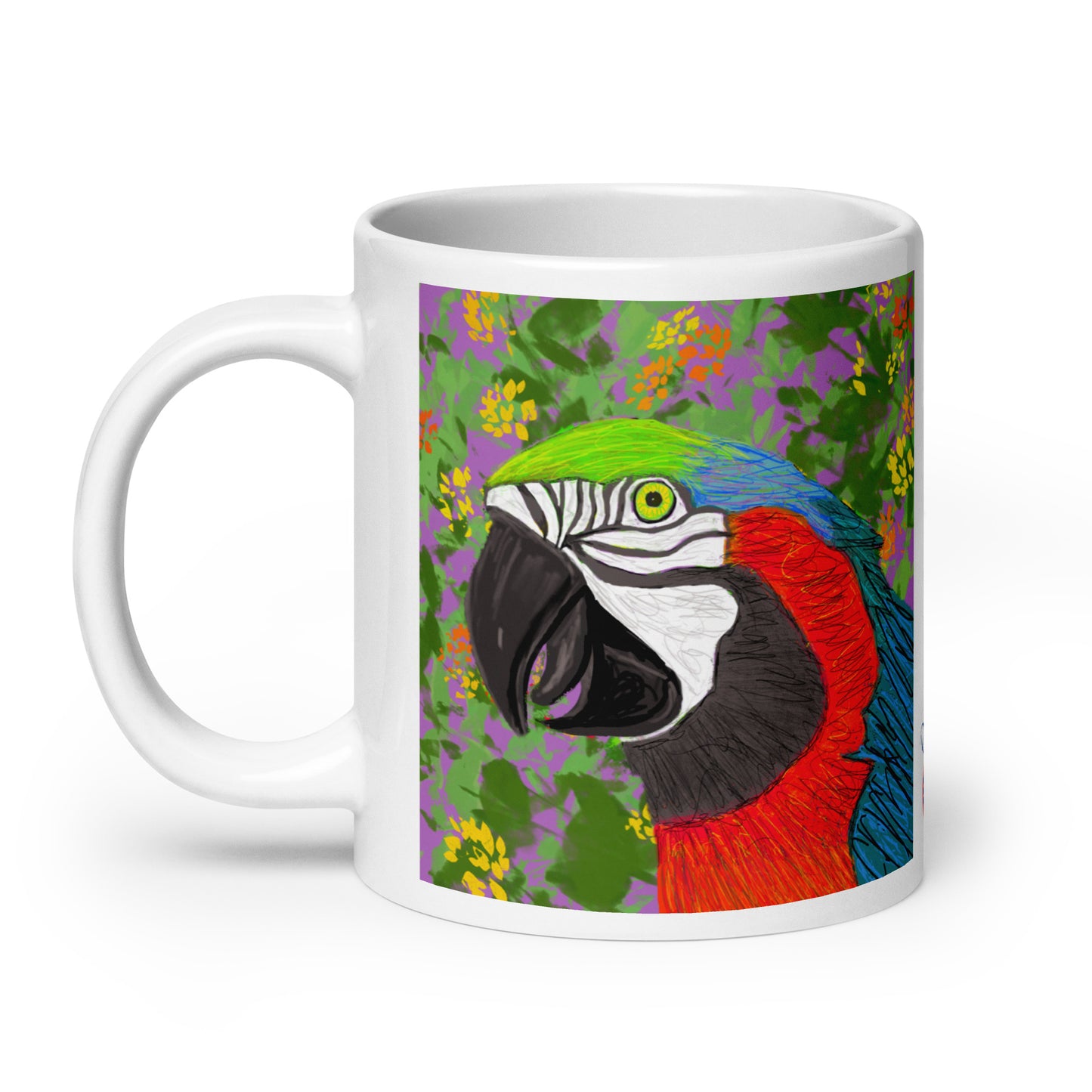 Ceramic mug with parrot spirit artwork, symbol of communication, color, and joy.