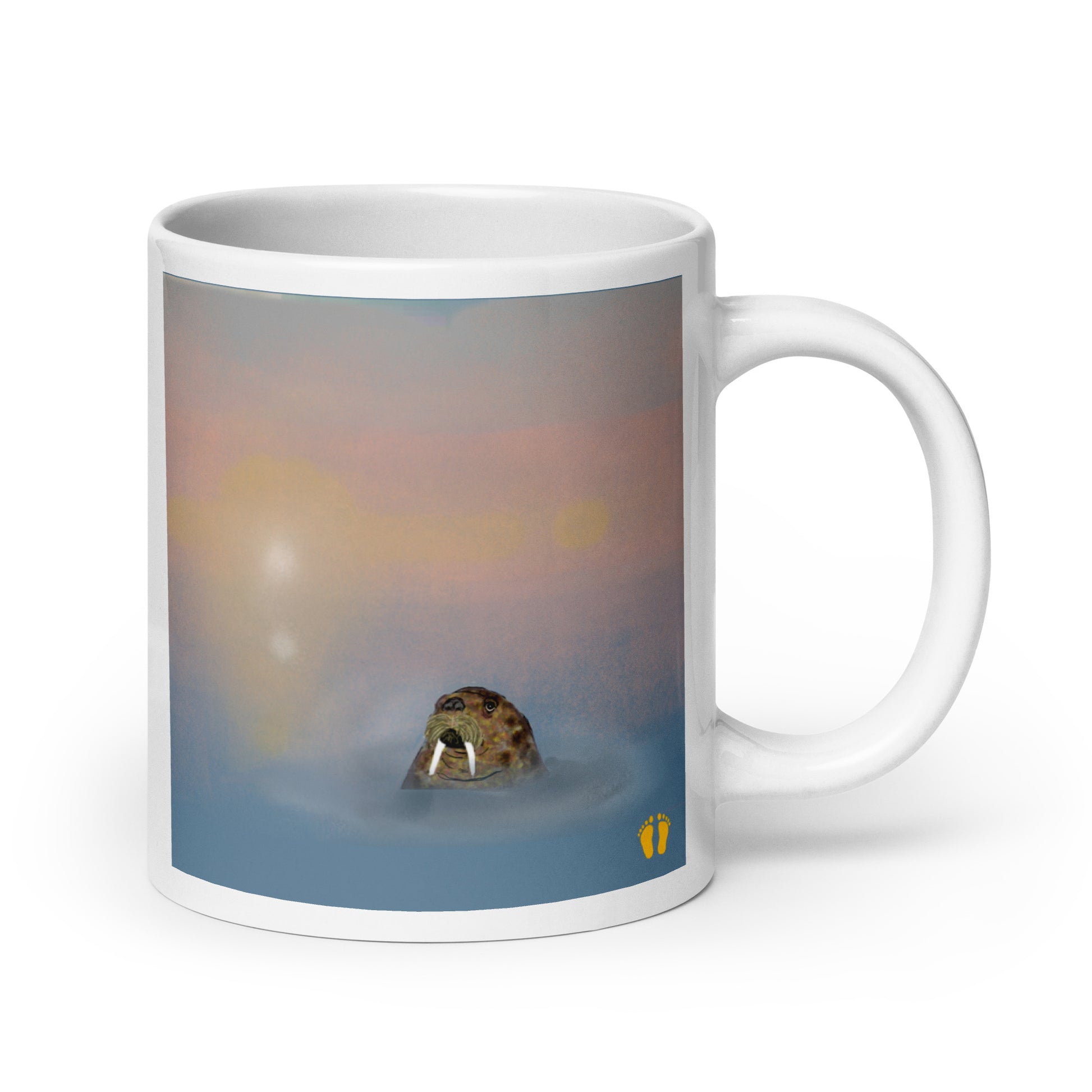 Walrus  ceramic coffee mug, 20 oz. Gentle giant, spirit guide, medicine man. Walrus head popping out of the misty arctic sea. Product mockup shown against white  background.