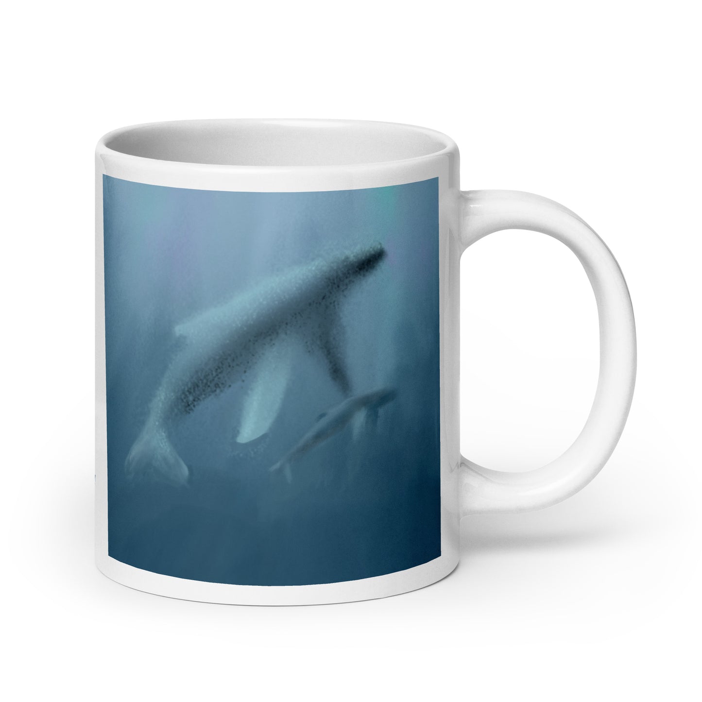 Ceramic mug design of mother Whale with her calf. Whale holds the wisdom of matriarchs and the power of generational memory.