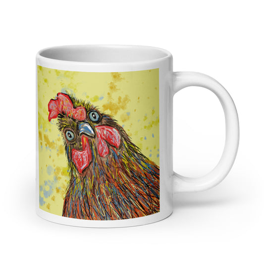 White ceramic mug featuring original artwork of a proud rooster spirit, standing tall with bright feathers, symbolizing wakefulness and courage.