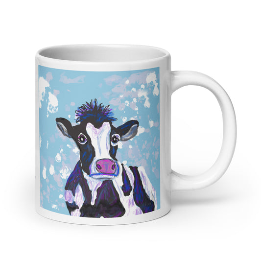 White ceramic mug with original cow spirit artwork, symbolizing nurturing, abundance, and the gentle strength of Earth. 20 oz.