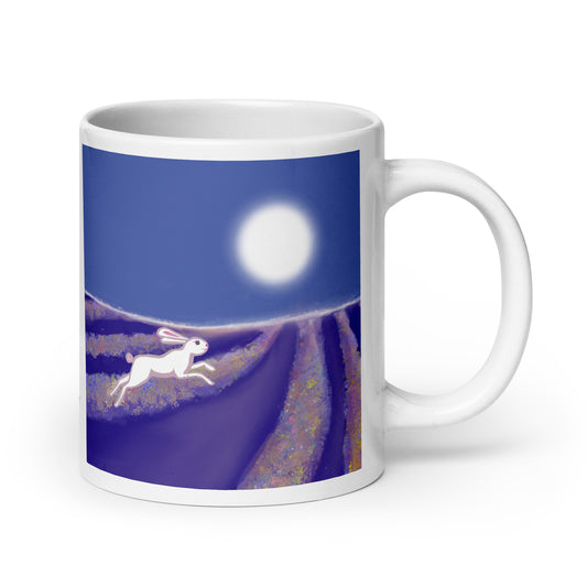 Ceramic mug with hare running through lavender rows under a full moon. Hare is the symbol the magician and trickster, of intuition, cycles, and agility.