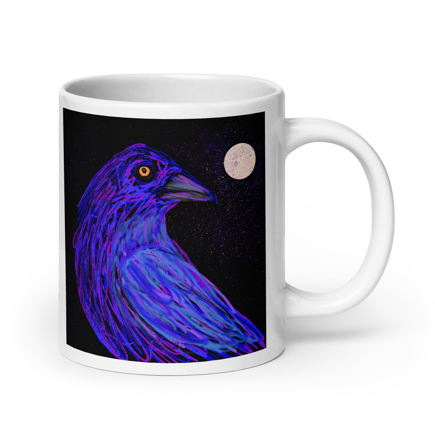 Ceramic mug with crow spirit design, symbol of intelligence, mystery, and transformation.