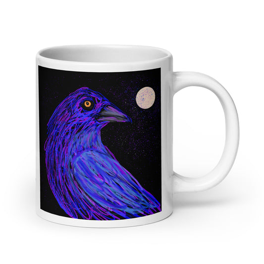 Ceramic mug with crow spirit design, symbol of intelligence, mystery, and transformation.