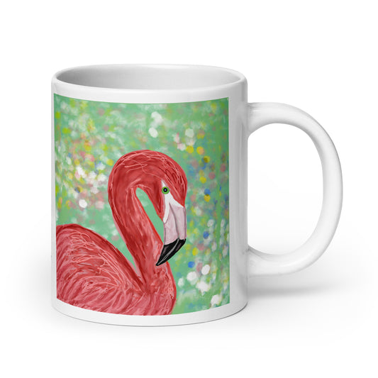 Ceramic mug with flamingo spirit artwork, symbol of balance, beauty, and community,