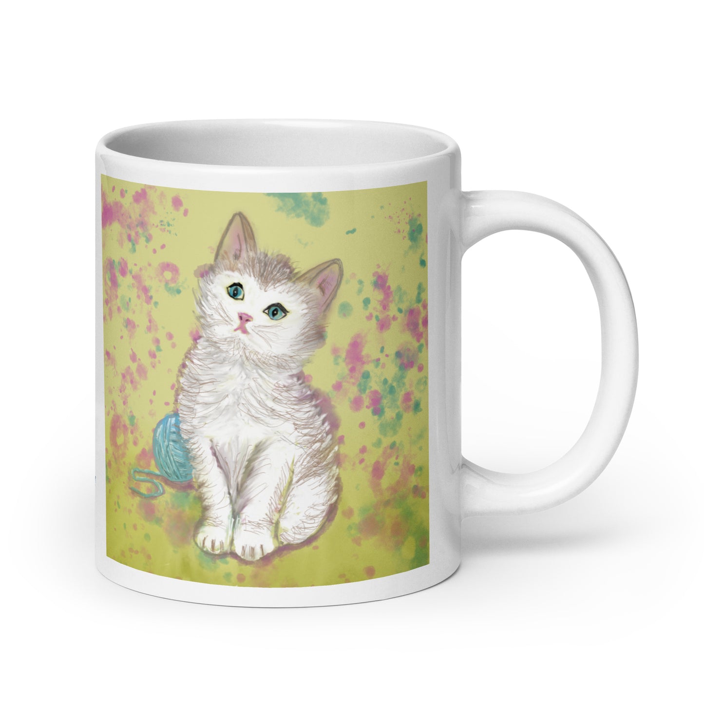 Ceramic mug with kitten spirit artwork, symbol of curiosity, playfulness, and gentle comfort.