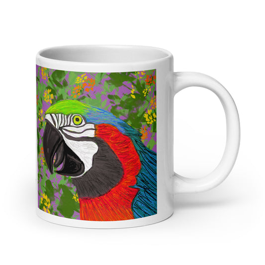 Ceramic mug with parrot spirit artwork, symbol of communication, color, and joy.
