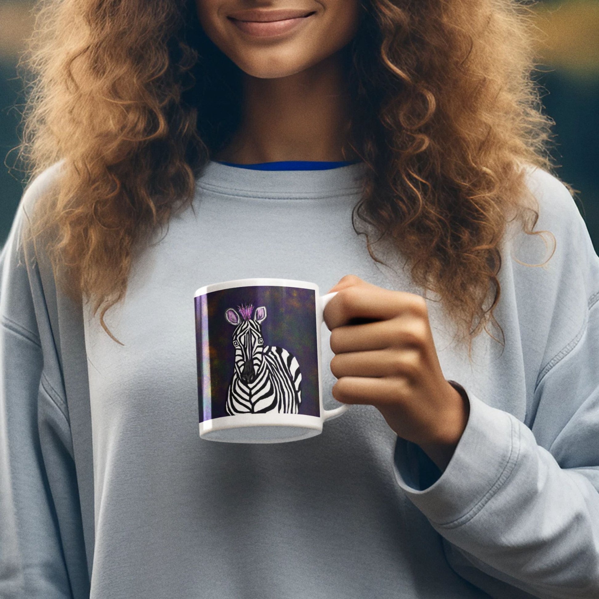 Person with curly hair holding a zebra spirit mug against a soft neutral background.