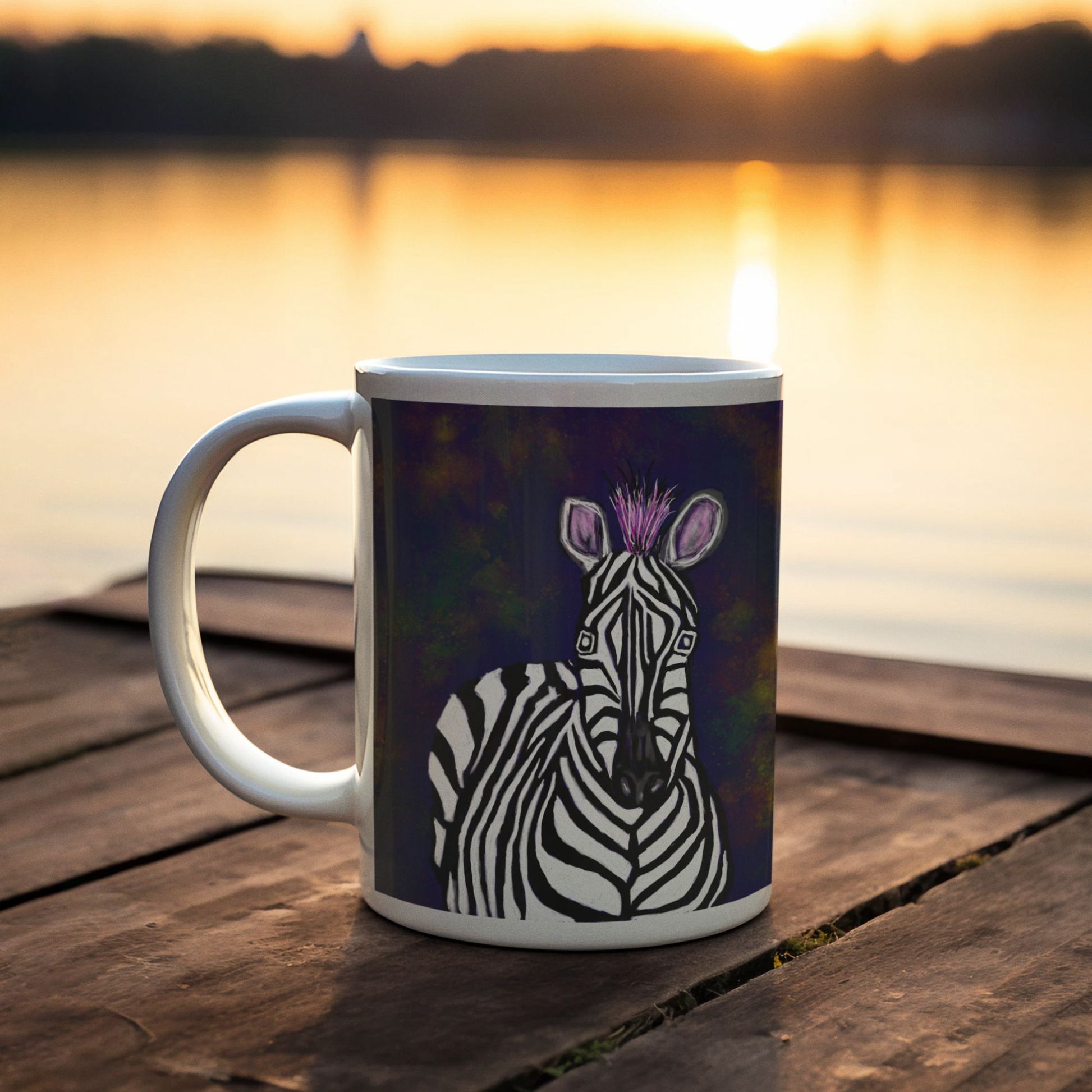 Zebra spirit mug sitting on a deck in front of lake and a sunset background.