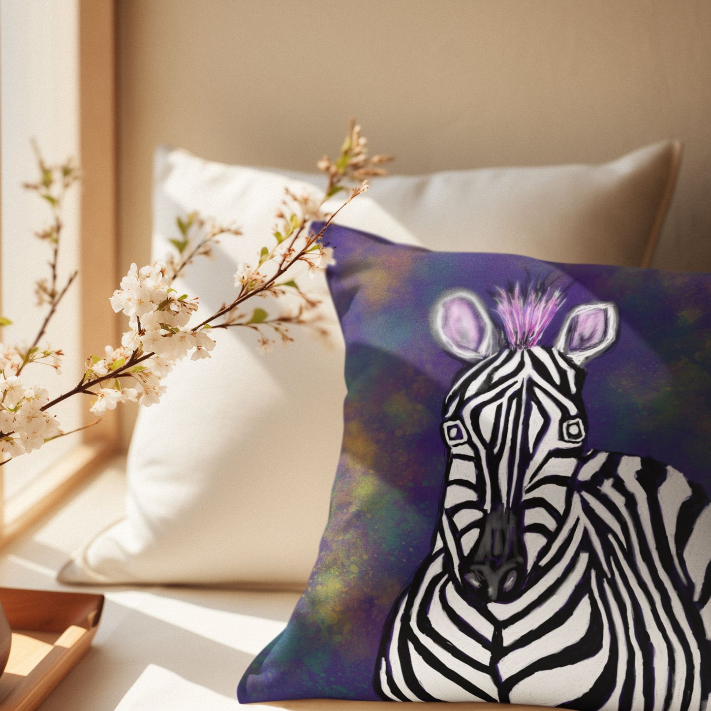 Decorative pillow with a zebra design on a surface with white pillows and branches in the background.