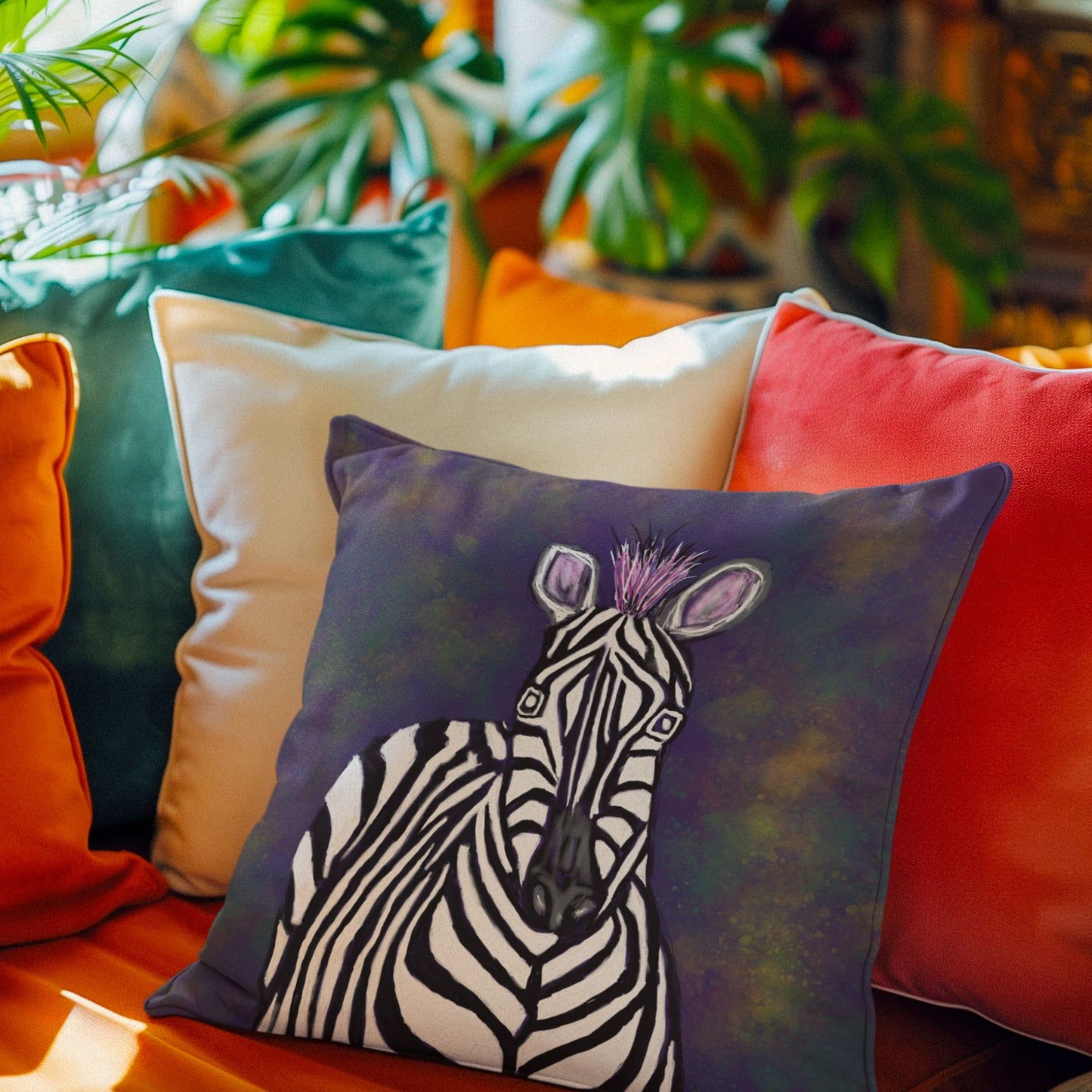 Colorful pillows sitting behind an original zebra design pillow on a couch