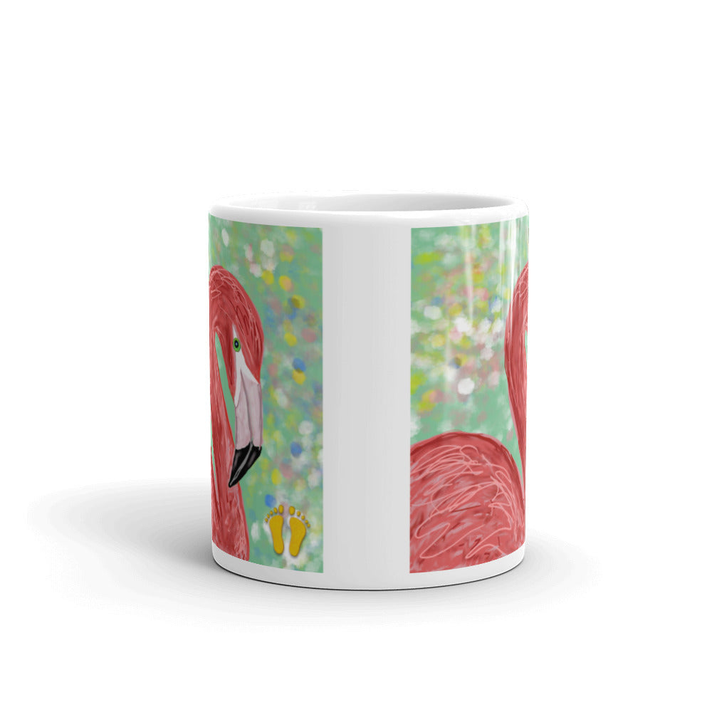 These creative and original coffee mugs have  the flamingo image on both sides of the mug. Side view shown here. Shows artist's PittaPat golden toes.