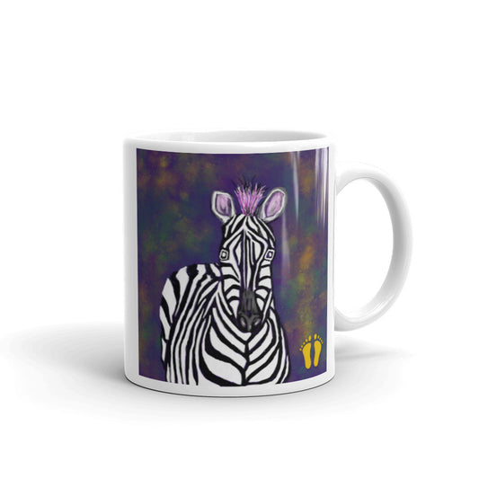 Cute zebra premium quality white ceramic coffee mug on a black and gold field by PittaPat with the golden feet logo front view