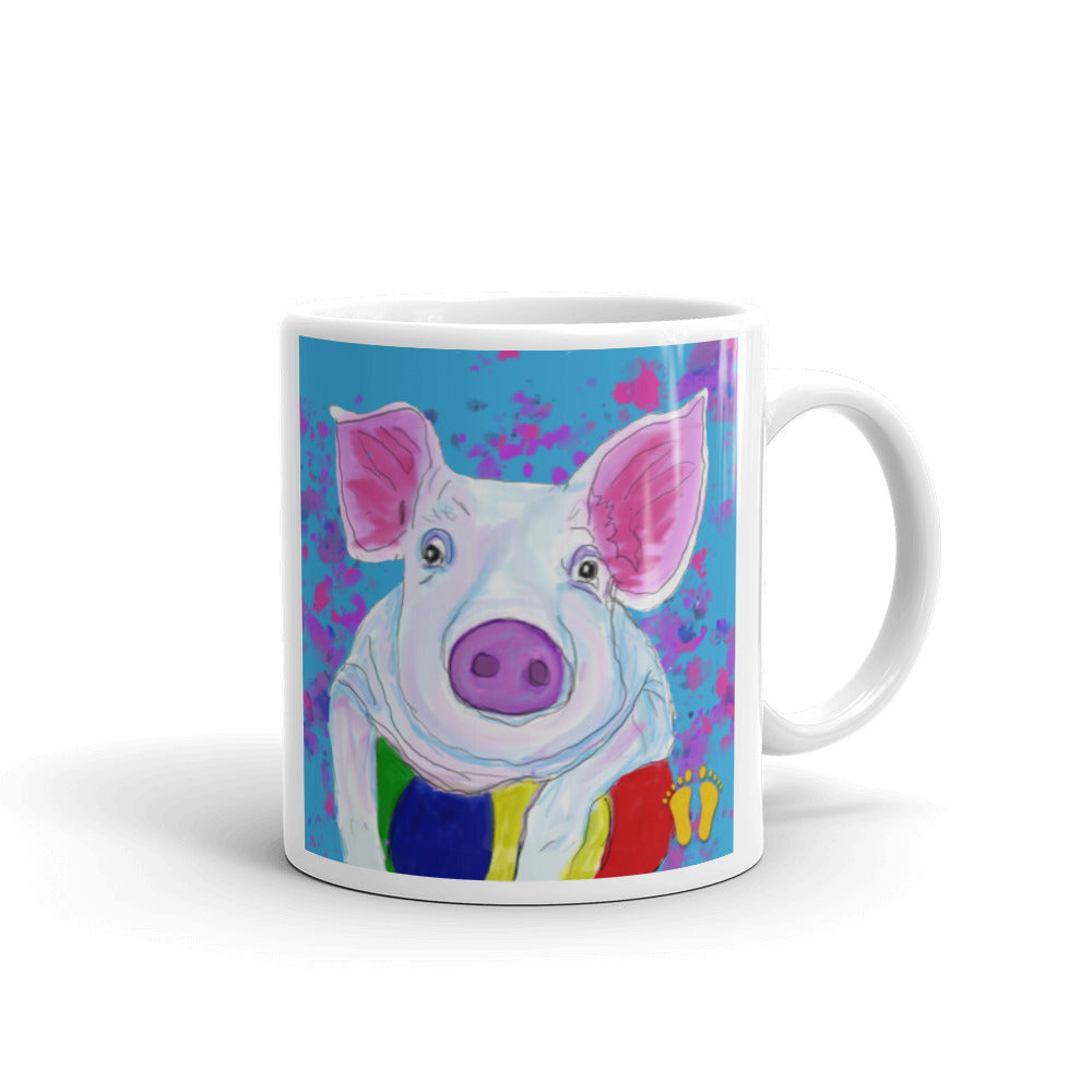 Coffee mug for pig and hog lovers. Unique  design has a  sweet expression. Pig learning on a beach ball, on field of blue, pink, and purple. Stamped with artist's golden toes mark. 11 oz mug