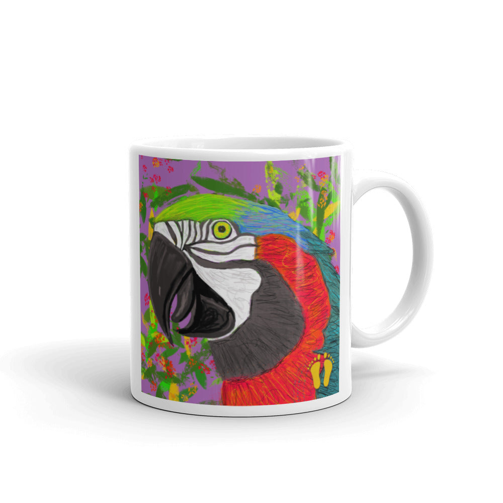 Coffee mug for parrot lovers. Unique parrot design is bright and cheerful. Parrot on field of purple with green, yellow and red accents.. Stamped with artist's golden toes mark. 11 oz mug