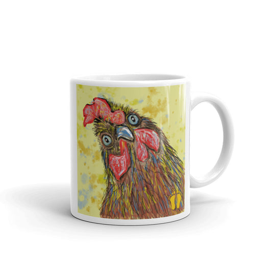 Coffee mug for chicken lovers. Unique chicken design has an astonished expression. Chicken on field of yellow. Stamped with artist's golden toes mark. 11 oz mug