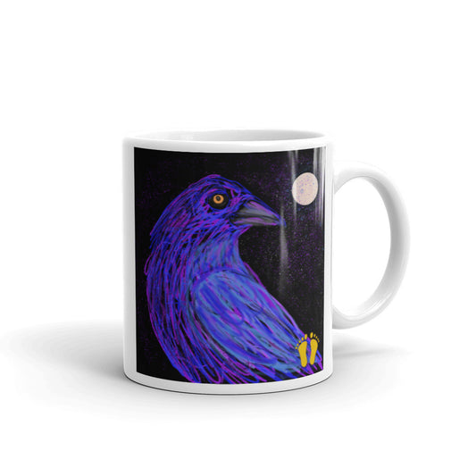 Coffee mug for crow lovers. Unique design shows a blue and puple crow agaInst a star-filled sky and under a bright full moon. Stamped with PittaPats' golden toes mark. 11 oz mug