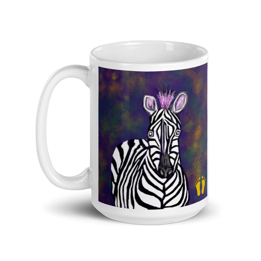 Wild animal coffee mug with original artists design of a zebra. Available in two sizes, shown here as 15 oz mug