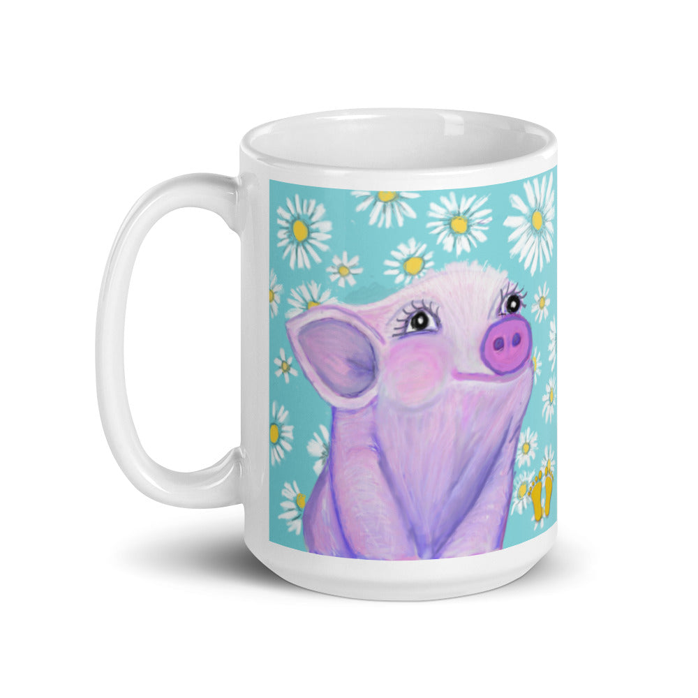 Farm animal coffee mug with original artists design of a piglet against a field of daisies. Available in two sizes, shown here as 15 oz mug