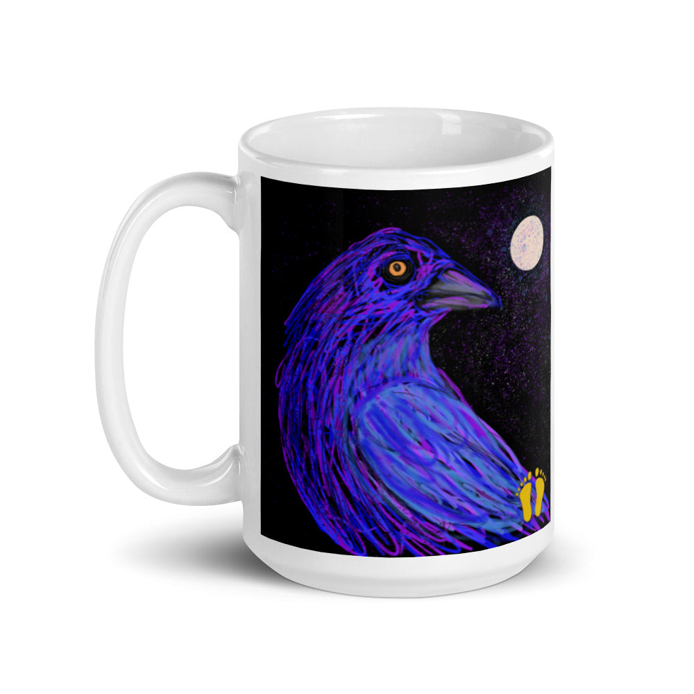 Bird coffee mug with original artists design of a crow. Available in two sizes, shown here as 15 oz mug