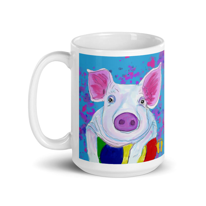 Farm animal coffee mug with original artists design of a pig. Available in two sizes, shown here as 15 oz mug