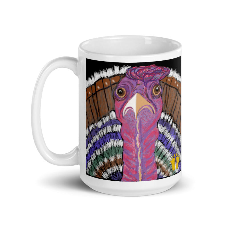 Farm animal coffee mug with original artists design of a turkey. Available in two sizes, shown here as 15 oz mug