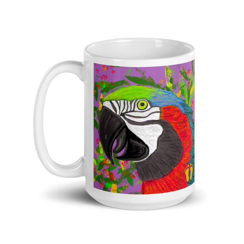 Wild bird coffee mug with original artists design of a parrot. Available in two sizes, shown here as 15 oz mug